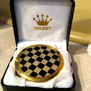 Black Onyx, White Crystallized Compact Mirror, Bejeweled w Swarovski Crystals